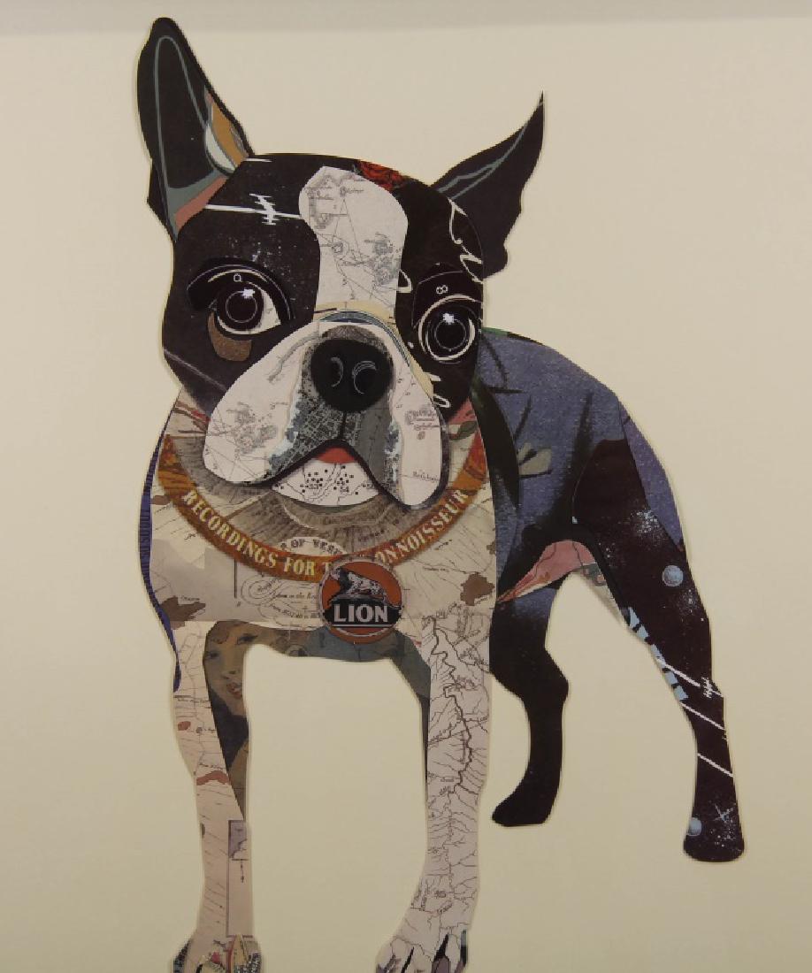 ALEX ZENG "BOSTON TERRIER" DIMENSIONAL ART COLLAGE: ALEX ZENG "BOSTON TERRIER" DIMENSIONAL ART COLLAGE, HAND SIGNED BY ALEX ZENG. Height: 24 1/2 in. by Width: 24 1/2 in. by Depth: 1 1/2 in.