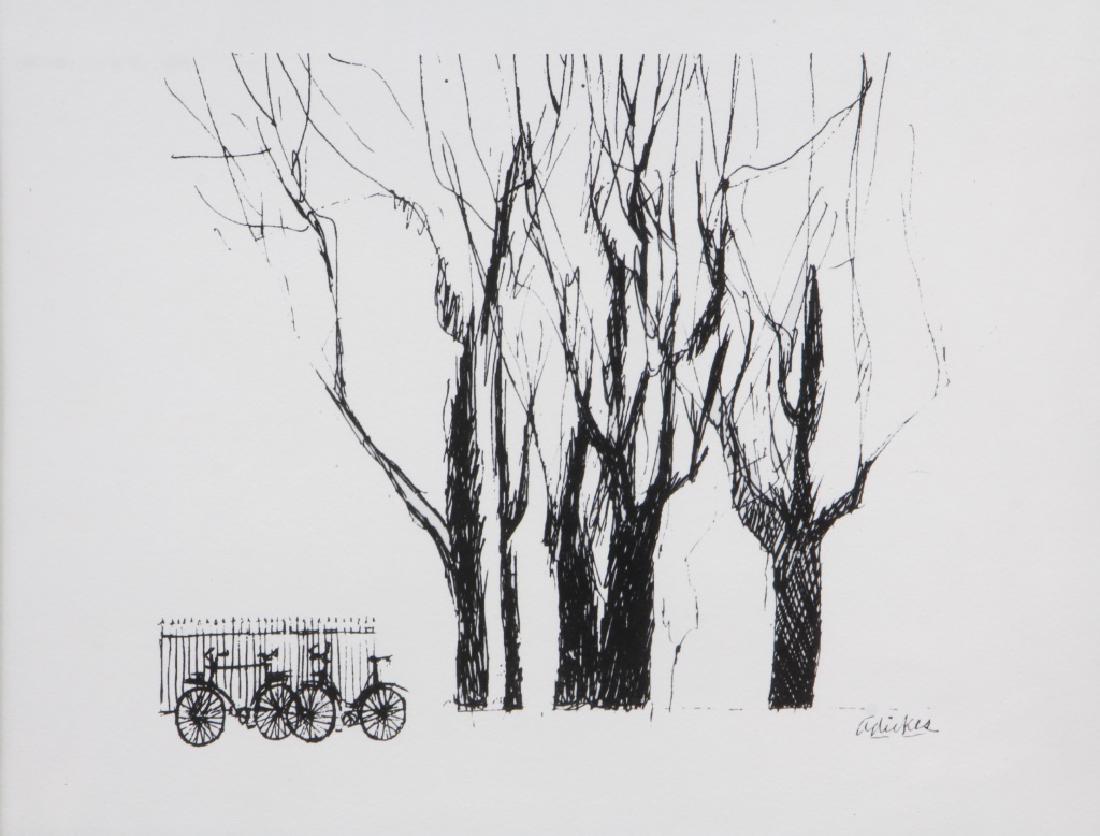 DAVID ADICKES "LANDSCAPE WITH BICYCLES" PRINT: DAVID ADICKES "LANDSCAPE WITH BICYCLES" PRINT. Height: 18 & 10 1/2 in. by Width: 22 & 13 IN.