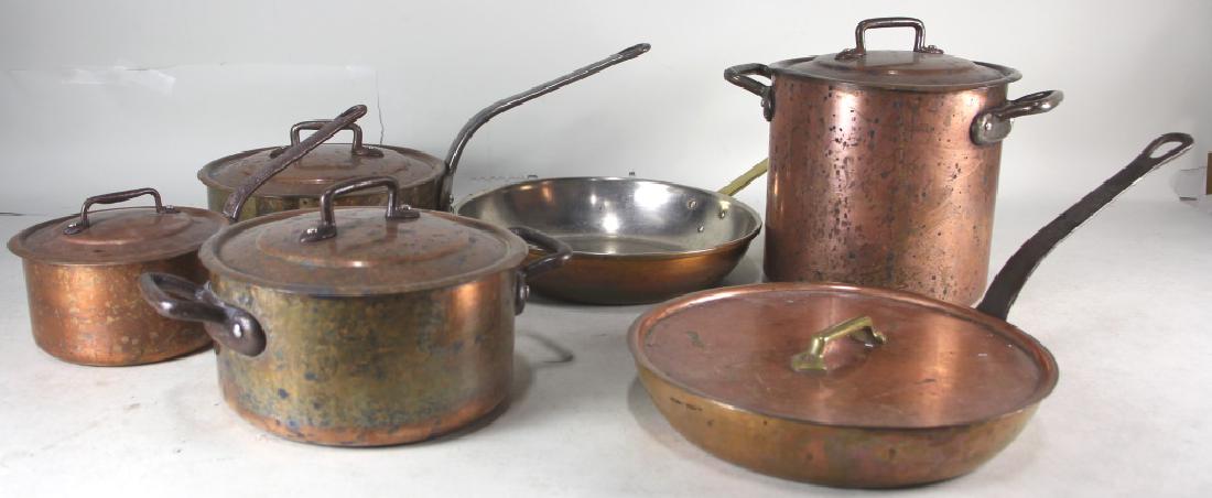 SIX PIECE BOURGEAT COPPER POT & PAN SET: SIX PIECE BOURGEAT COPPER POT & PAN SET. Height: 9 in. by Width: 10 in. by Depth: 7 1/2 in.