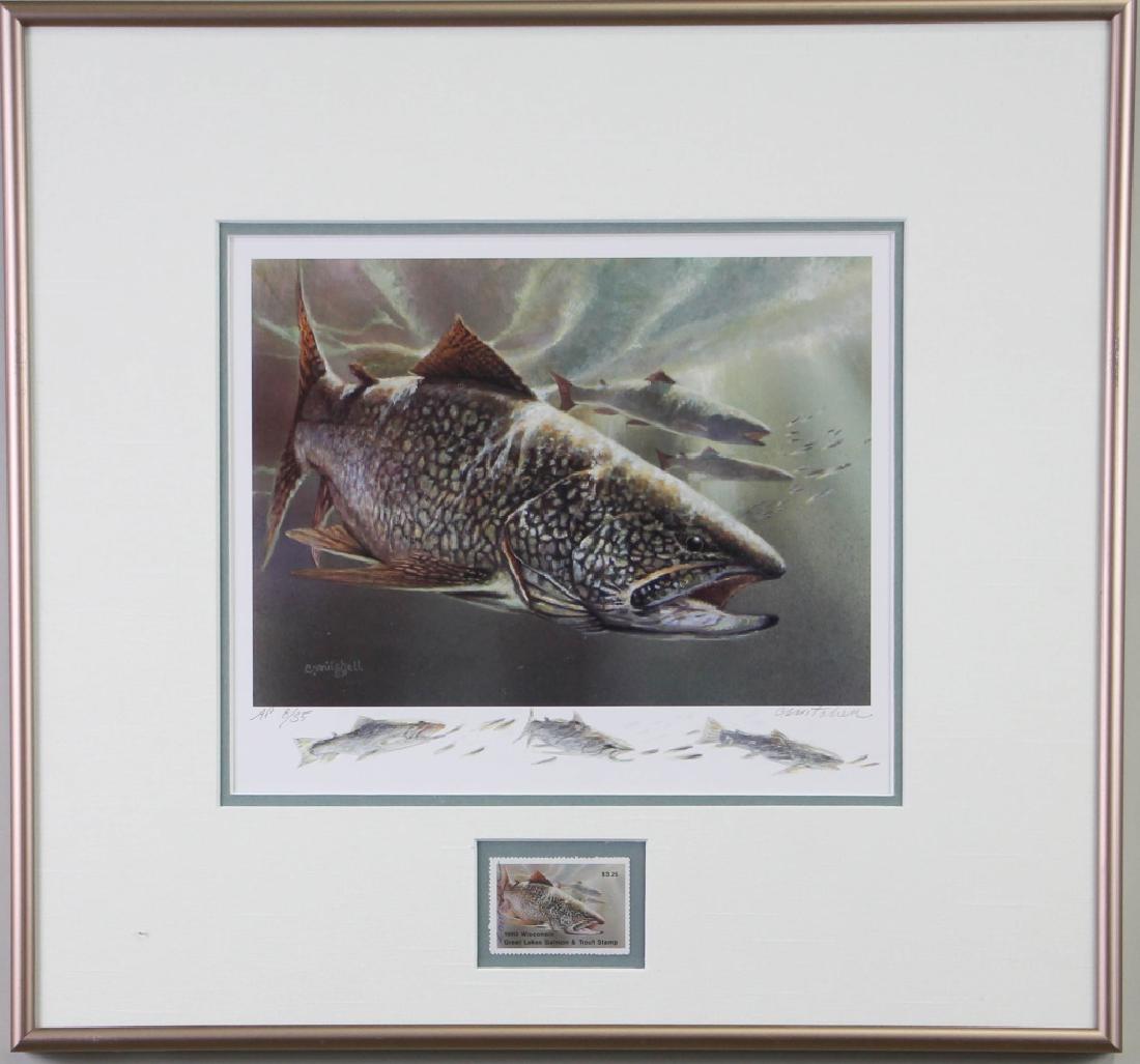 C. MITCHELL "GREAT LAKES SALMON & TROUT" STAMP: C. MITCHELL "GREAT LAKES SALMON & TROUT" WITH STAMP. Height: 15 1/2 & 6 1/2 in. by Width: 16 1/2 & 9 1/2 in.