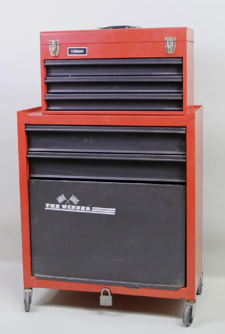 HOMAK "THE WINNER" TOOL CHEST SET: HOMAK "THE WINNER" TOOL CHEST SET. TOOL BOX (13"H X 22"W X 10"D), TOOL CHEST (32"H X 26.5"W X 13.5"D).