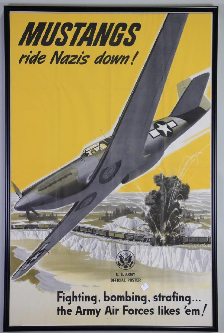 1943 WWII US ARMY RECRUITMENT POSTER "MUSTANGS": ORIGINAL 1943 WWII US ARMY RECRUITMENT POSTER "MUSTANGS RIDE NAZIS DOWN" - FRAMED & POSTER HAS FOLDS. Height: 39 in. by Width: 25 in.