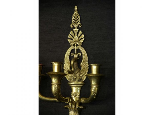 Pair of Empire style brass three-arm sconces. - 2