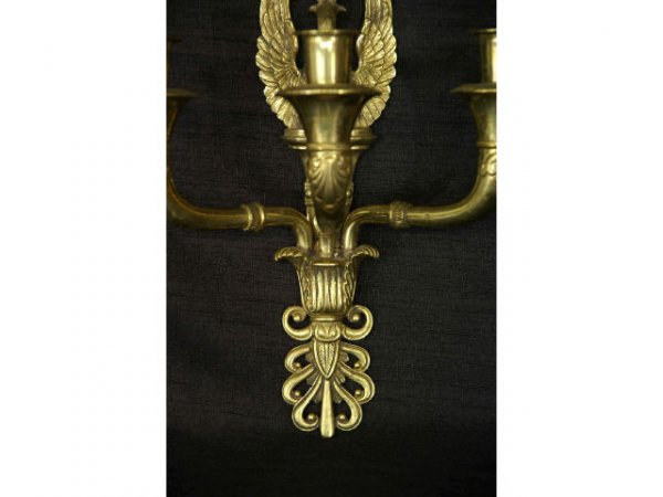 Pair of Empire style brass three-arm sconces. - 3