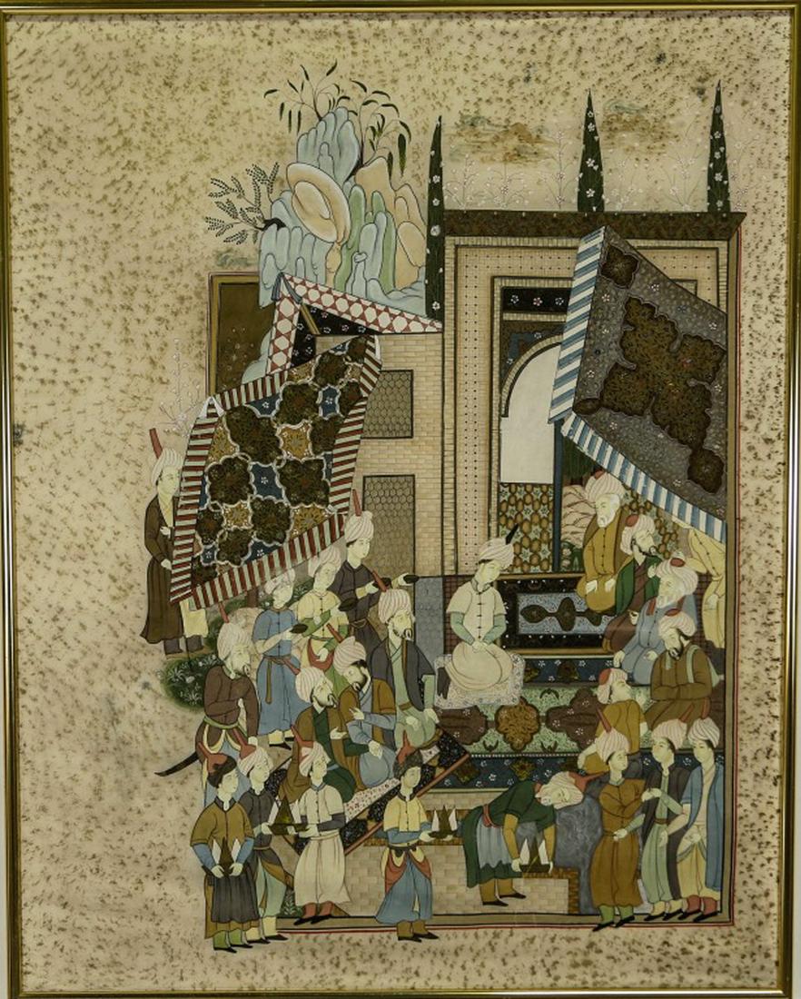 PERSIAN MUGHAL PAINTING ON SILK: PERSIAN MUGHAL PAINTING ON SILK. HAS BUCKLING, SOLD AS IS Height: 39 in. by Width: 31 in. by Depth: 1 1/2 in.