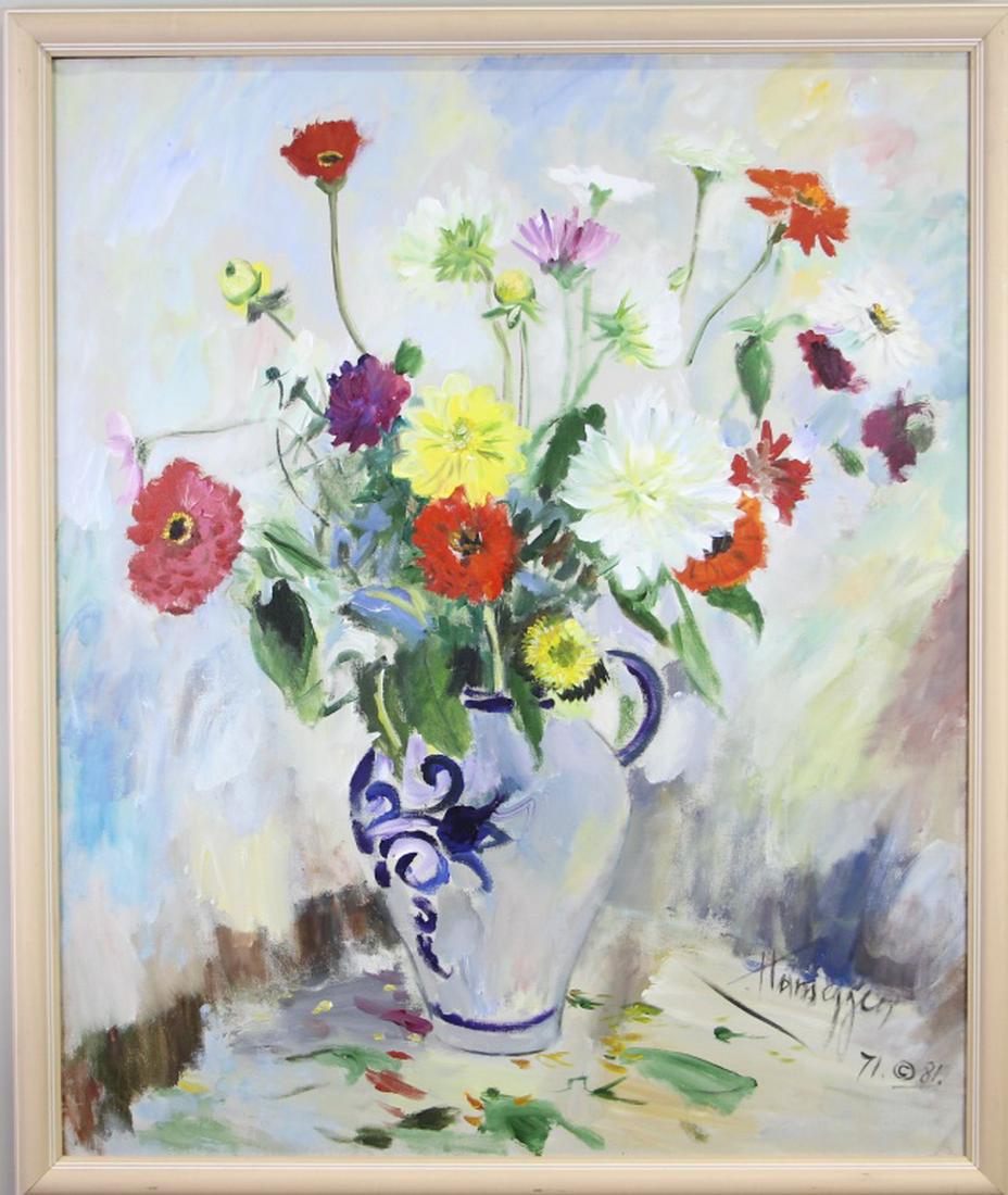 JOHN HANSEGGER "UNTITLED" STILL LIFE: JOHN HANSEGGER "UNTITLED" STILL LIFE PAINTING ON CANVAS. John Hansegger (1908-1989). Swiss-American . Lived in Hudson Valley region . Very diverse styles and multiple accomplishments. Studied under Pa