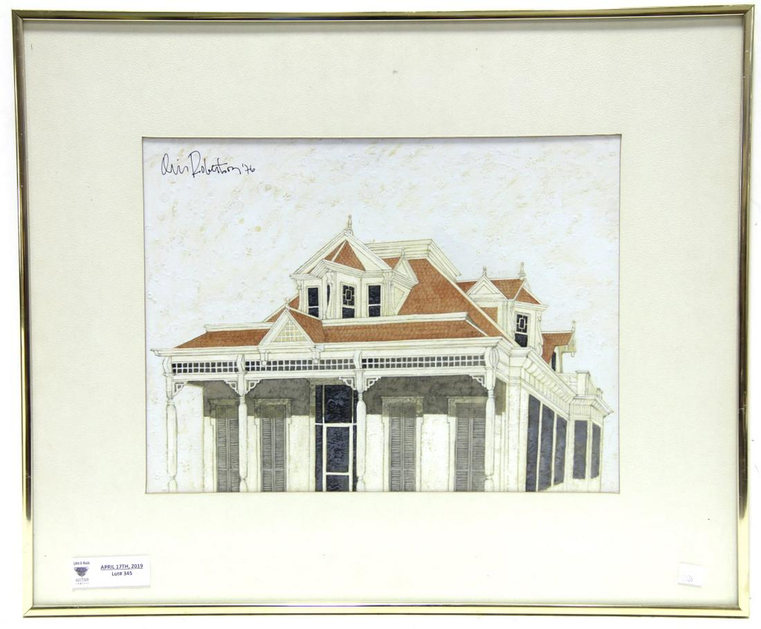 ORIS ROBERTSON MANSION GOUACHE ON PAPER: ORIS ROBERTSON MANSION GOUACHE ON PAPER. Height: 24 in. by Width: 20 in.