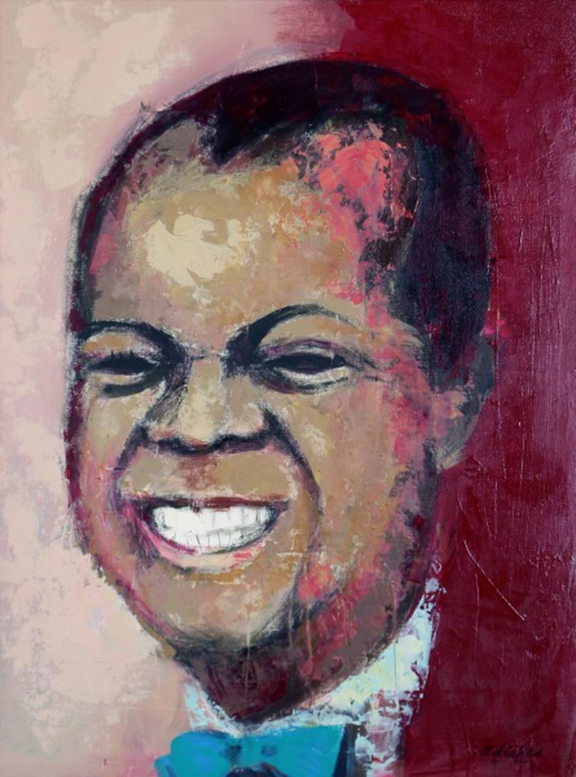 DAVID ADICKES "LOUIS ARMSTRONG" ACRYLIC ON CANVAS: DAVID ADICKES "LOUIS ARMSTRONG" ACRYLIC ON CANVAS. TEXAS ICON, SCULPTOR OF SAM HOUSTON STATUE IN SAM HOUSTON NATIONAL FOREST. MULTIPLE SCULPTURES AND TALL HEADS THROUGHOUT HOUSTON. MULTIPLE COMMISSION