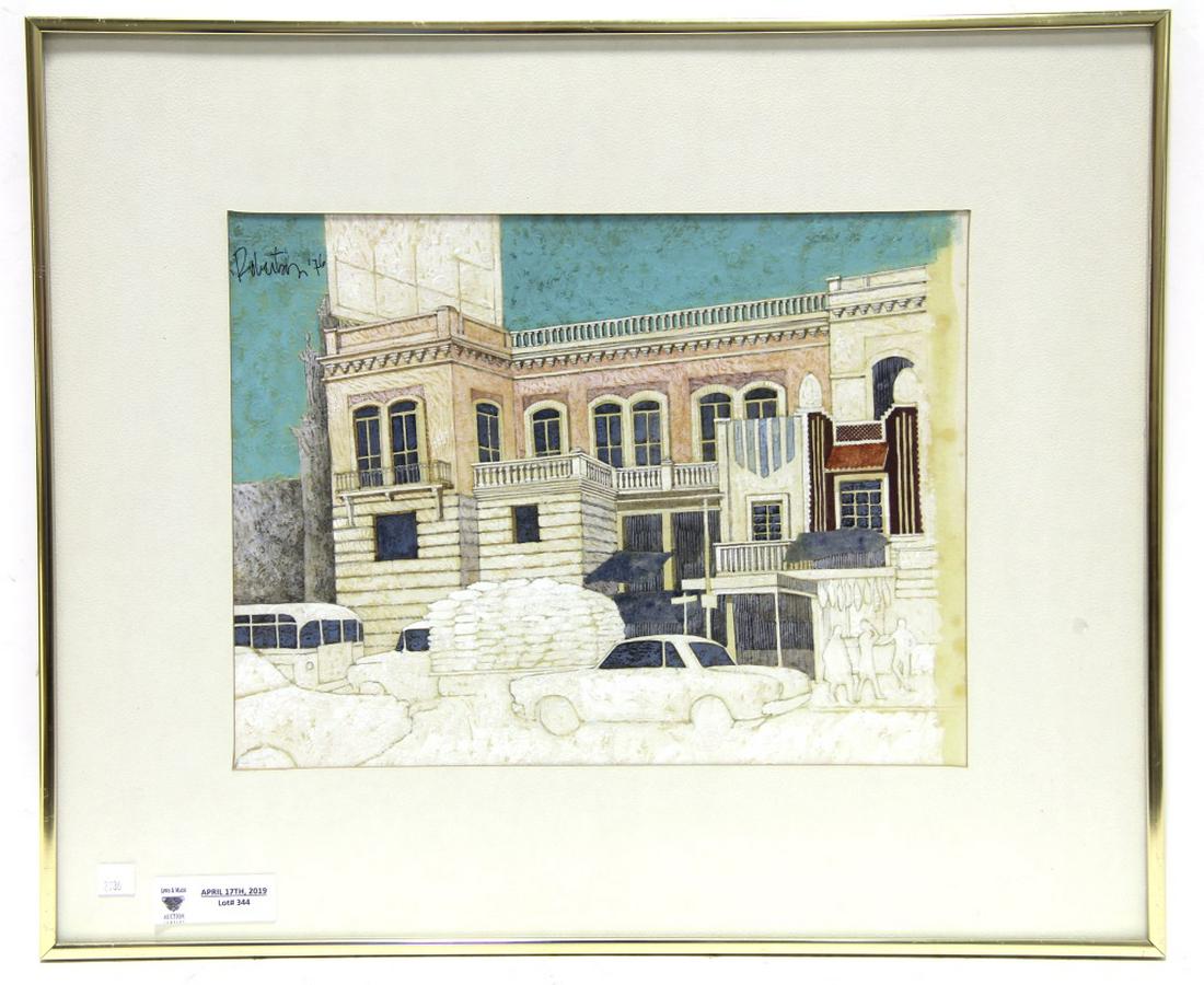 ORIS ROBERTSON, CITYSCAPE GOUACHE ON PAPER: ORIS ROBERTSON, CITYSCAPE GOUACHE ON PAPER. Height: 24 in. by Width: 20 in.