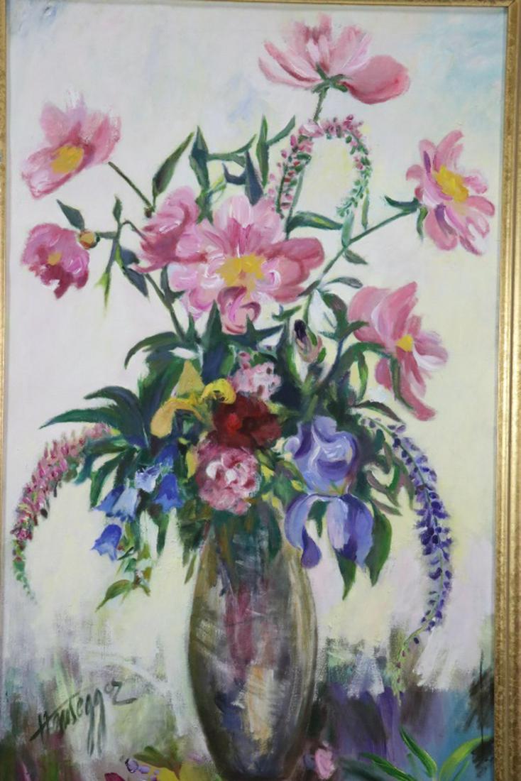 JOHN HANSEGGER FLORAL STILL LIFE PAINTING: JOHN HANSEGGER FLORAL STILL LIFE PAINTING. John Hansegger (1908-1989). Swiss-American . Lived in Hudson Valley region . Very diverse styles and multiple accomplishments. Studied under Pablo Picasso in