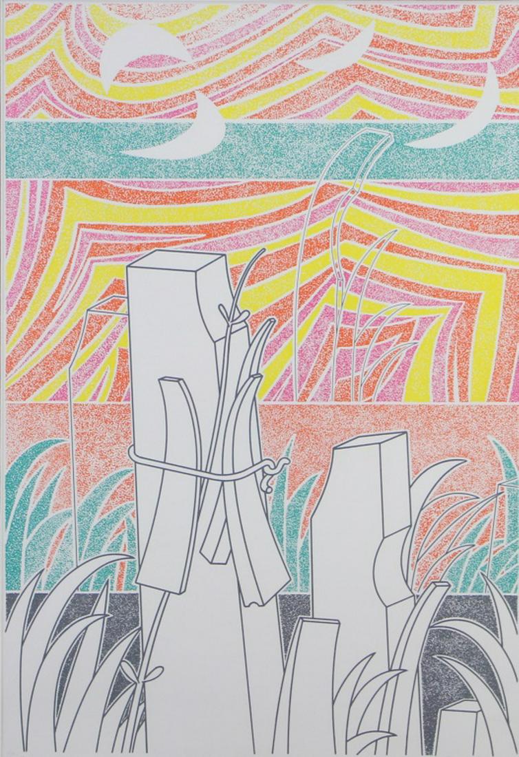 ROMAN HALLER GREEN, RED & YELLOW ABSTRACT: ROMAN HALLER GREEN, RED & YELLOW ABSTRACT. LIMITED EDITION PRINT NUMBERED 119/150. Height: 30 & 20 in. by Width: 24 & 14 in.