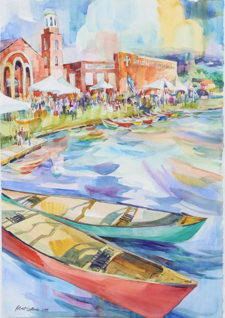 ROBERT GUTHRIE BEACH SCENE WATERCOLOR PAINTING: ROBERT GUTHRIE BEACH SCENE WATERCOLOR PAINTING. Height: 39 & 26 in. by Width: 32 & 18 in.