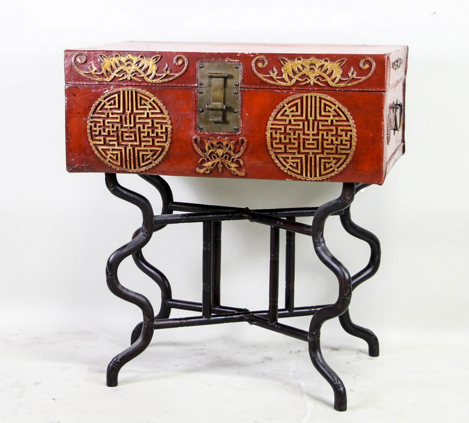 ANTIQUE CHINESE PAINTED LEATHER TRUNK ON STAND (1 of 2)