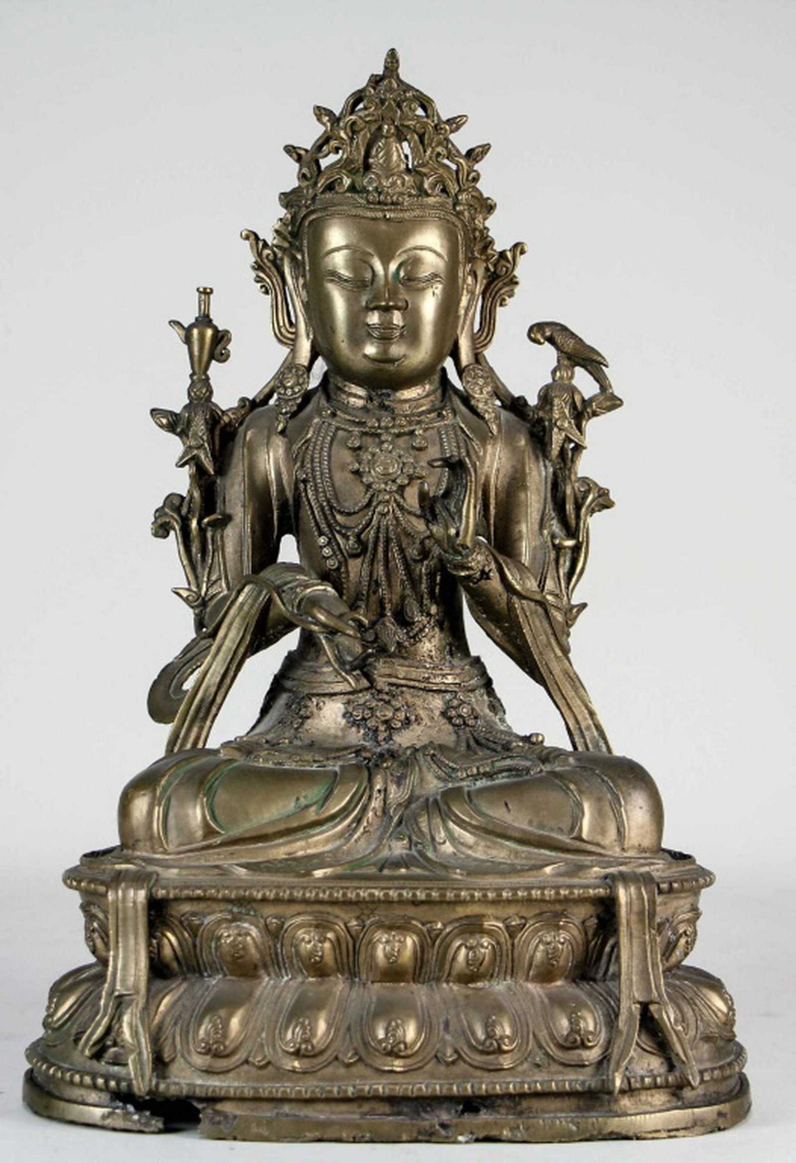 19th CENTURY BRONZE SEATED BUDDHA ON LOTUS: 19th CENTURY BRONZE SEATED BUDDHA ON LOTUS WITH PARROT ON ONE SHOULDER AND A WINE JUG ON THE OTHER. Height: 13 in. by Width: 9 1/2 in. by Depth: 7 in.
