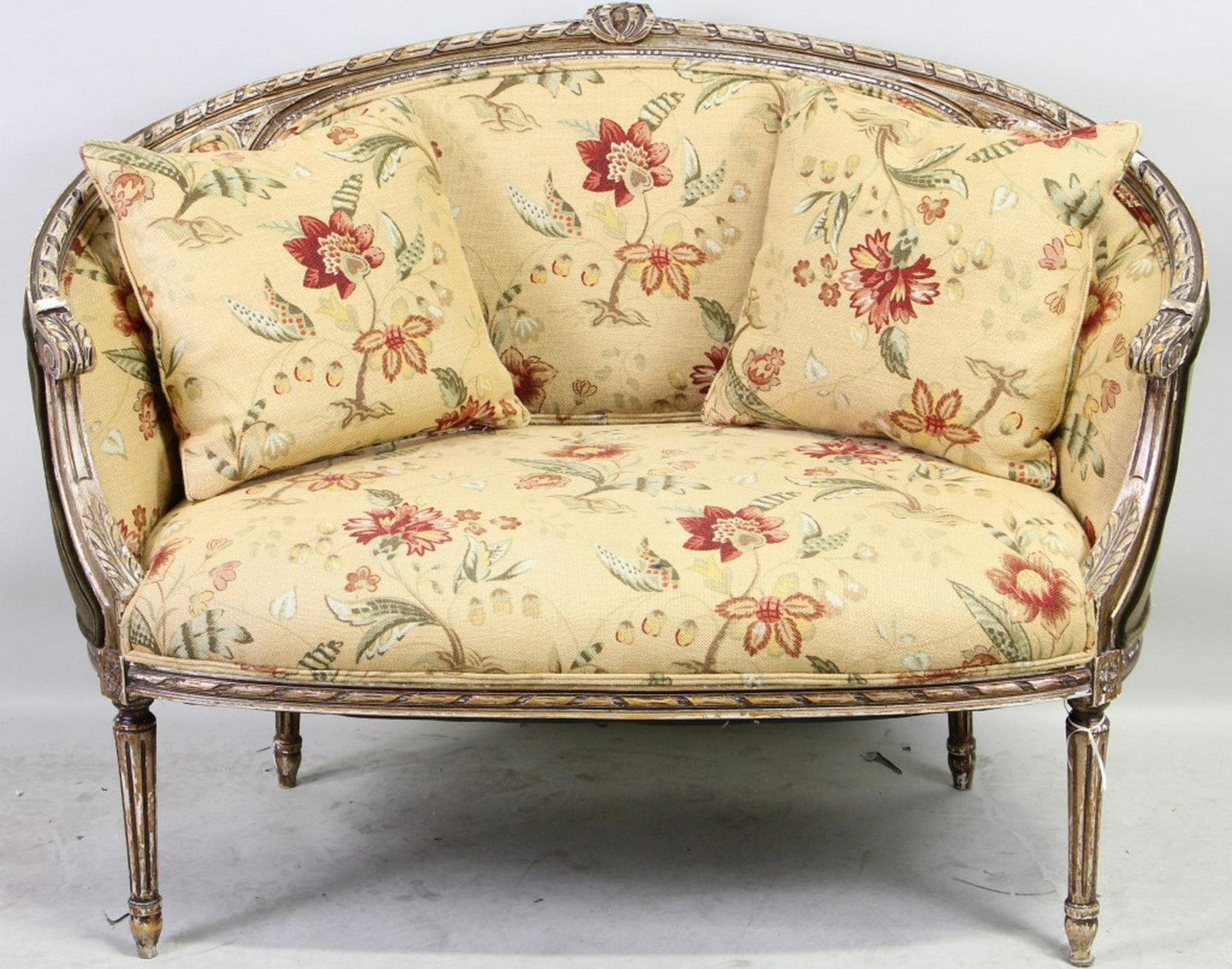 VINTAGE FRENCH CANAPE`: VINTAGE FRENCH CANAPE` WITH SILVER LEAF. Height: 37 in. by Width: 49 in. by Depth: 27