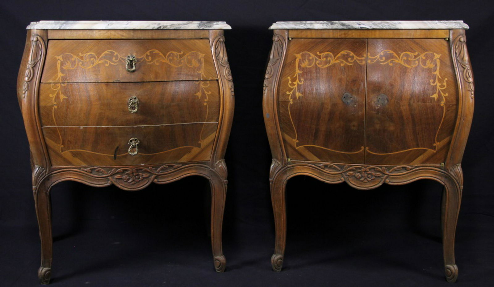 PAIR OF MARBLE TOP ITALIAN BOMBE NIGHTSTANDS (1 of 2)