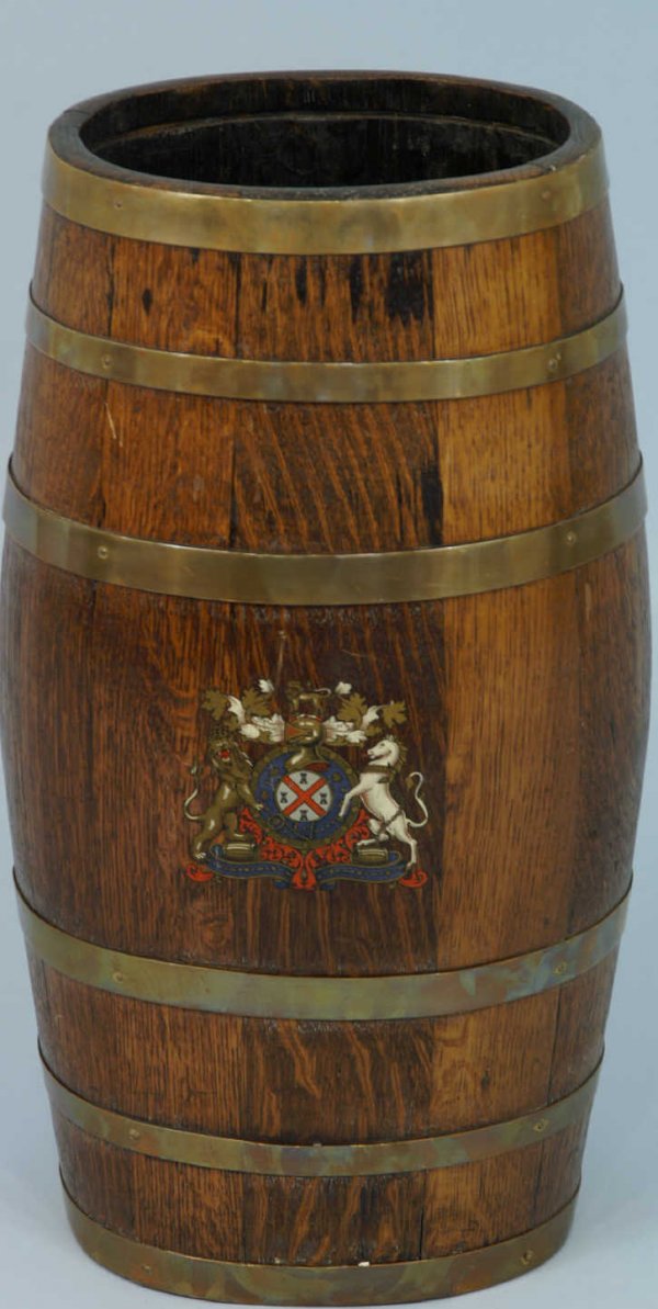 19th C. brass & wood barrel w/crest.