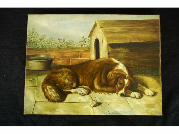 Oil on canvas of a dog laying by with doghouse.