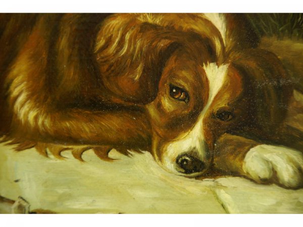 Oil on canvas of a dog laying by with doghouse. - 2