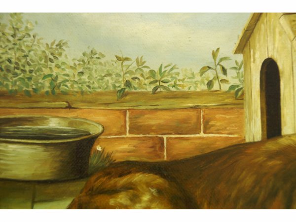 Oil on canvas of a dog laying by with doghouse. - 3