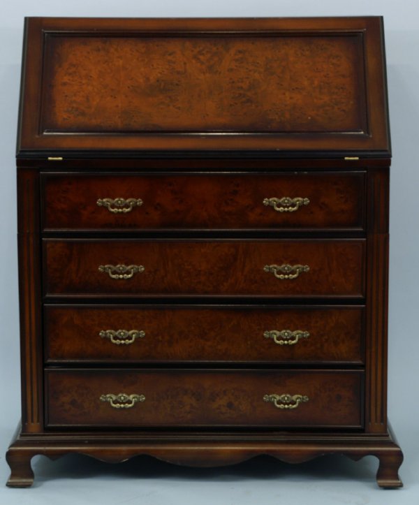 Mahogany secretary 4-drawer, burled wood, tooled