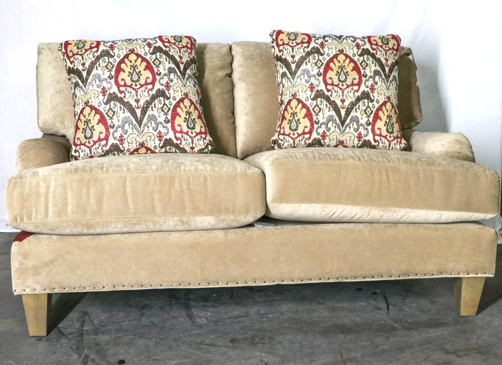 LEVIN TAN ULTRASOFT FABRIC LOVESEAT: LEVIN TAN ULTRASOFT FABRIC LOVESEAT Height: 32 in. by Width: 60 in. by Depth: 22