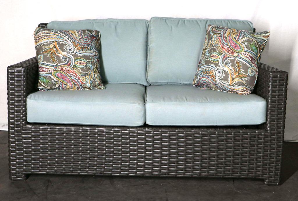 BLACK FRAME WICKER PATIO LOVESEAT: BLACK FRAME WICKER PATIO LOVESEAT WITH CUSHIONS Height: 36 in. by Width: 62 in. by Depth: 35