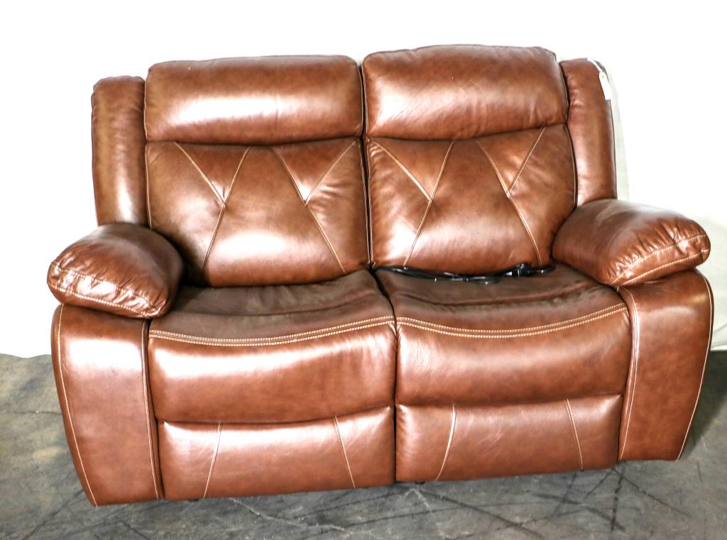 BROWN LEATHER POWER RECLINING LOVESEAT: BROWN LEATHER POWER RECLINING LOVESEAT Height: 37 in. by Width: 63.5 in. by Depth: 19