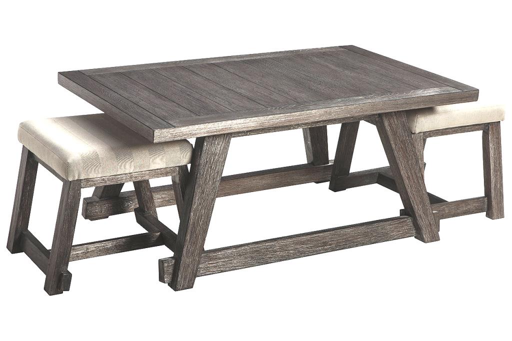 ASHLEY HARPOLI COFFEE TABLE & 2 NUVELLA STOOLS SET: ASHLEY HARPOLI COFFEE TABLE & 2 NUVELLA NESTING STOOLS SET Height: 18 in. by Width: 40 in. by Depth: 24