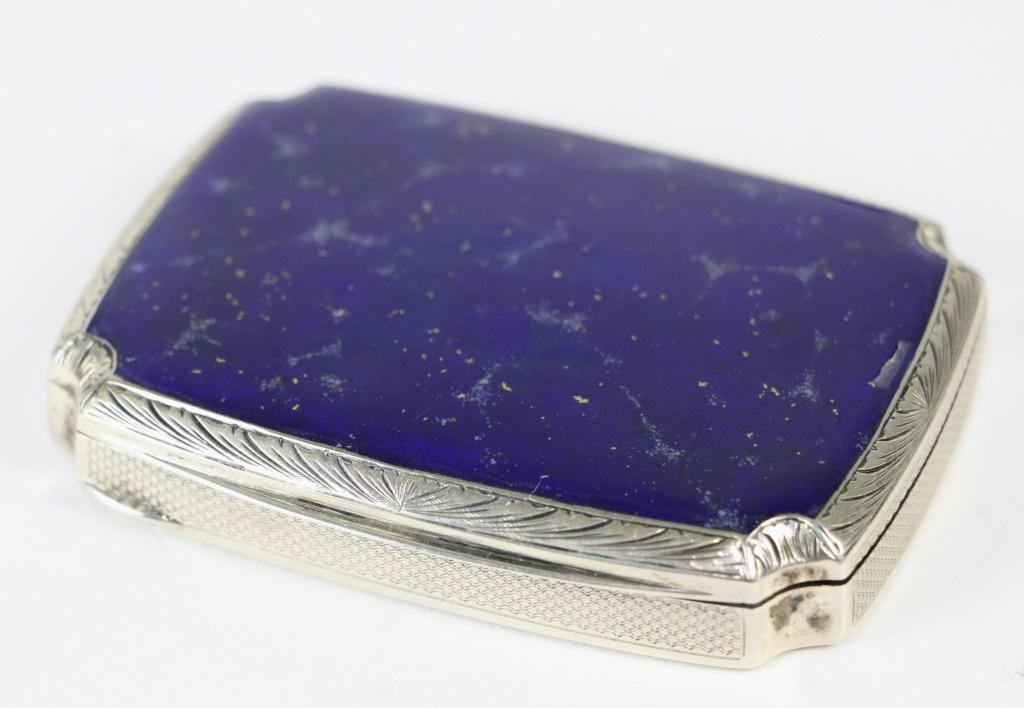 SILVER & LAPIS BOX: SILVER & LAPIS BOX STAMPED 800 WITH A WEIGHT OF 3 OZ. - FROM THE RUNNELS/FIRESTONE ESTATE. Height: 1/2 in. by Width: 3 in. by Depth: 2 1/2 in.