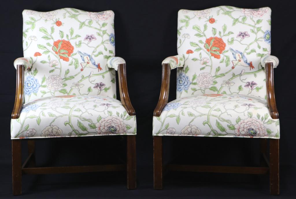 PAIR OF GEORGIAN STYLE ARMCHAIRS: PAIR OF GEORGIAN STYLE ARMCHAIRS IN BILLY BALDWIN FABRIC. Height: 36 in. by Width: 24 1/2 in. by Depth: 22 in.