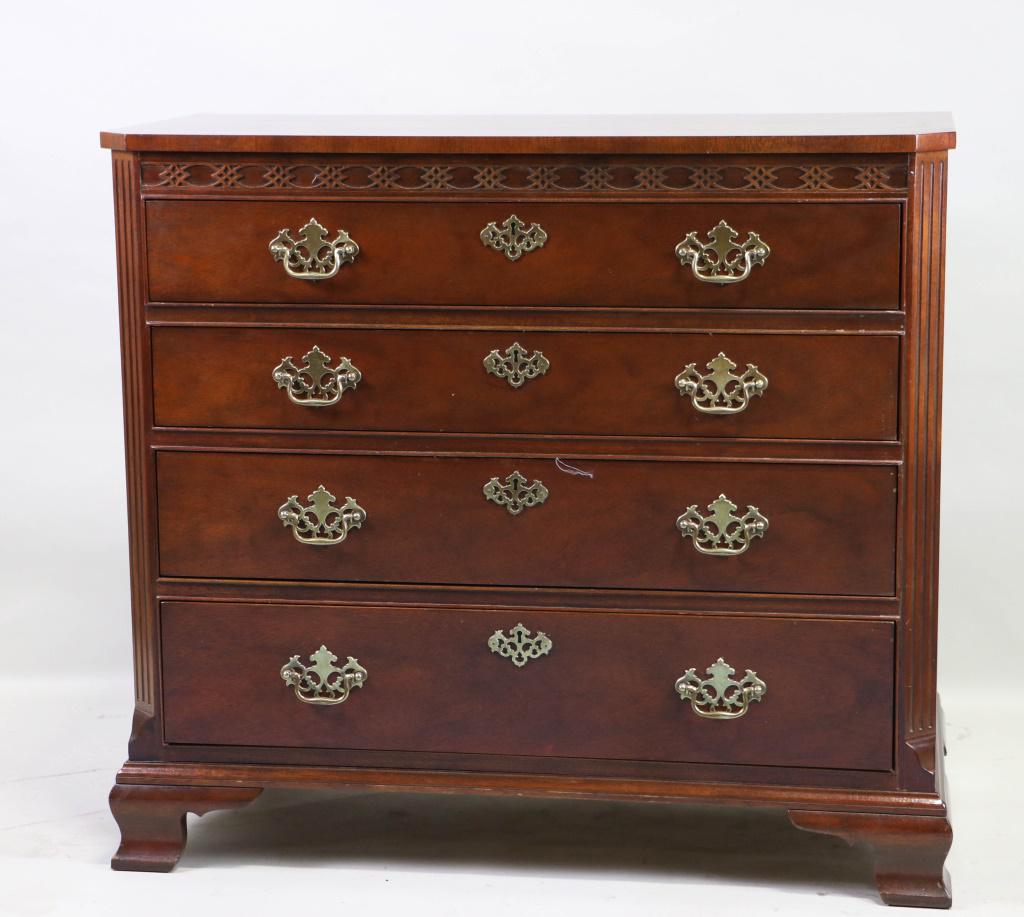 BAKER GEORGIAN STYLE CHEST OF DRAWERS: BAKER GEORGIAN STYLE CHEST OF DRAWERS WITH FOUR DRAWERS. - FROM THE RUNNELS/FIRESTONE ESTATE. Height: 36 in. by Width: 39 1/2 in. by Depth: 19 in.