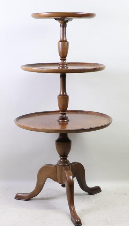 ENGLISH THREE TIERED DUMBWAITER TABLE: ENGLISH THREE TIERED DUMBWAITER TABLE. - FROM THE RUNNELS/FIRESTONE ESTATE Height: 42 in. by Width: 21 1/2 in. by Depth: 21 1/2 in.