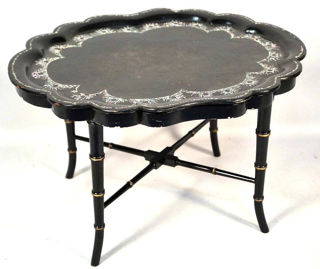 VICTORIAN LACQUERED TRAY TABLE ON FAUX BAMBOO BASE: VICTORIAN LACQUERED PAPIER-MACHE TRAY TABLE ON FAUX BAMBOO BASE Height: 18 in. by Width: 30 in. by Depth: 23