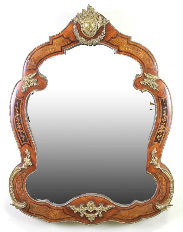 ANTIQUE FRENCH INLAID FRAMED MIRROR: ANTIQUE FRENCH INLAID FRAMED MIRROR. Height: 34 in. by Width: 26 in. by Depth: 2 in.