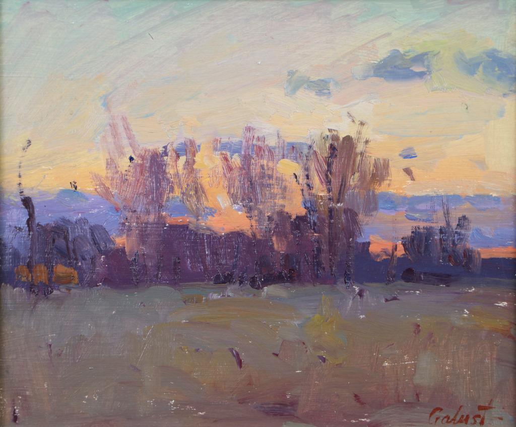 GALUST BERBERIAN "SUNSET STUDY" PAINTING: GALUST BERBERIAN "SUNSET STUDY" OIL PAINTING ON PANEL. OVANES AND GALUST BERBERIAN BOTH PLAIN AIRE PURISTS, WIDELY COLLECTED, MULTIPLE SALES FROM CARMEL BY THE SEA GALLERY. Height: 16 & 9 in. by Width