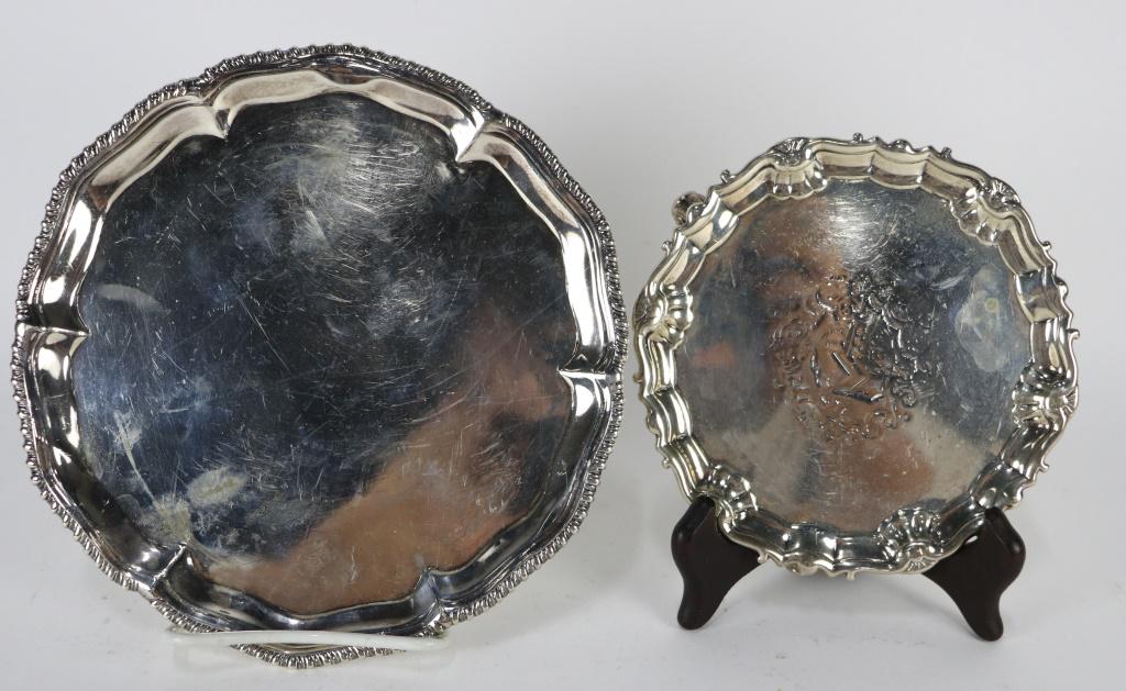LOT OF TWO STERLING SILVER FOOTED CARD TRAYS: LOT OF TWO STERLING SILVER FOOTED CARD TRAYS. (21.05oz) - FROM THE RUNNELS/FIRESTONE ESTATE. Height: 1 in. by Width: 8 in. by Depth: 8 in.