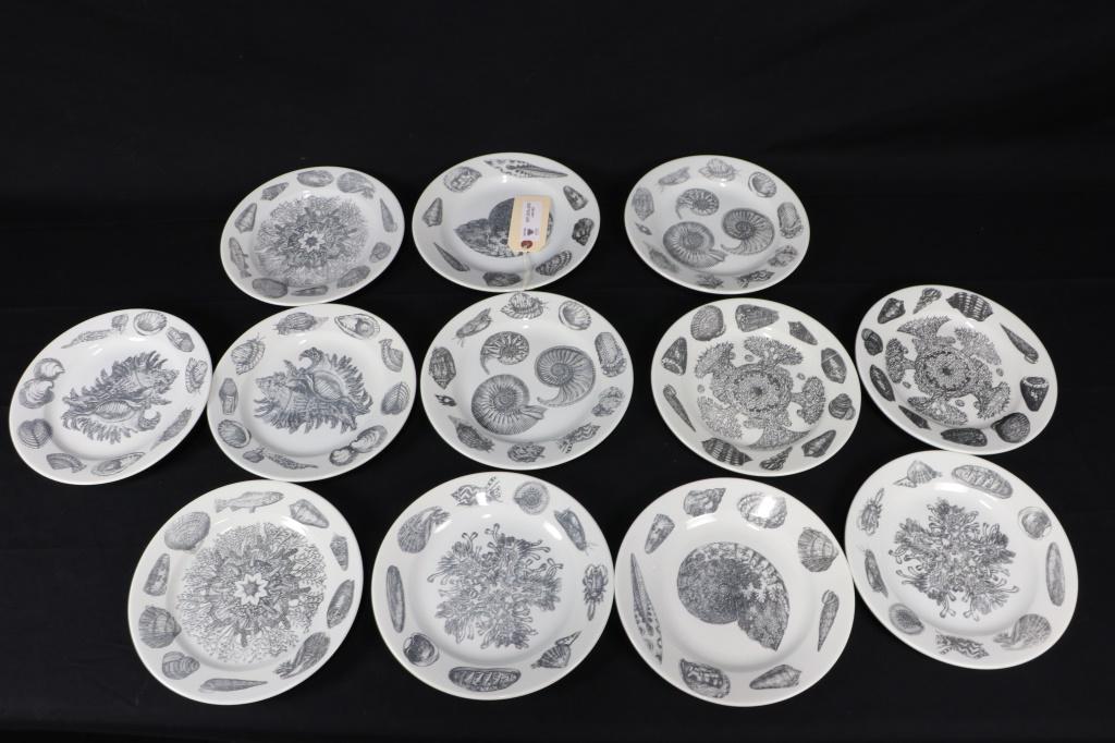 SET OF 12 GALVANI SEASHELL MOTIF ITALIAN PLATES: SET OF 12 GALVANI SEASHELL MOTIF MADE IN ITALY PLATES. HAS SOME MINOR CHIPS , SOLD AS IS. FROM THE RUNNELS/FIRESTONE ESTATE. Height: 1 in. by Width: 9 1/2 in. by Depth: 9 1/2 in.