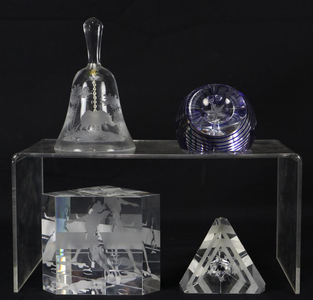 MIXED LOT OF 3 GLASS PAPER WEIGHTS & BELL. Height:  3 (1 of 1)