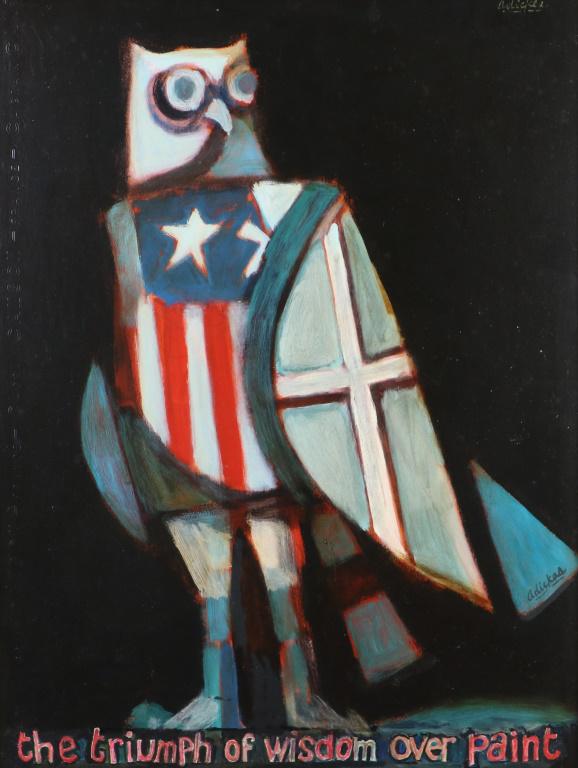 DAVIDS ADICKES "TRIUMPH OF WISDOM OVER PAINT" OIL ON: DAVIDS ADICKES "TRIUMPH OF WISDOM OVER PAINT" OIL ON BOARD. CIRCA 1970'S Height: 27 & 24 in. by Width: 20 & 18 in.