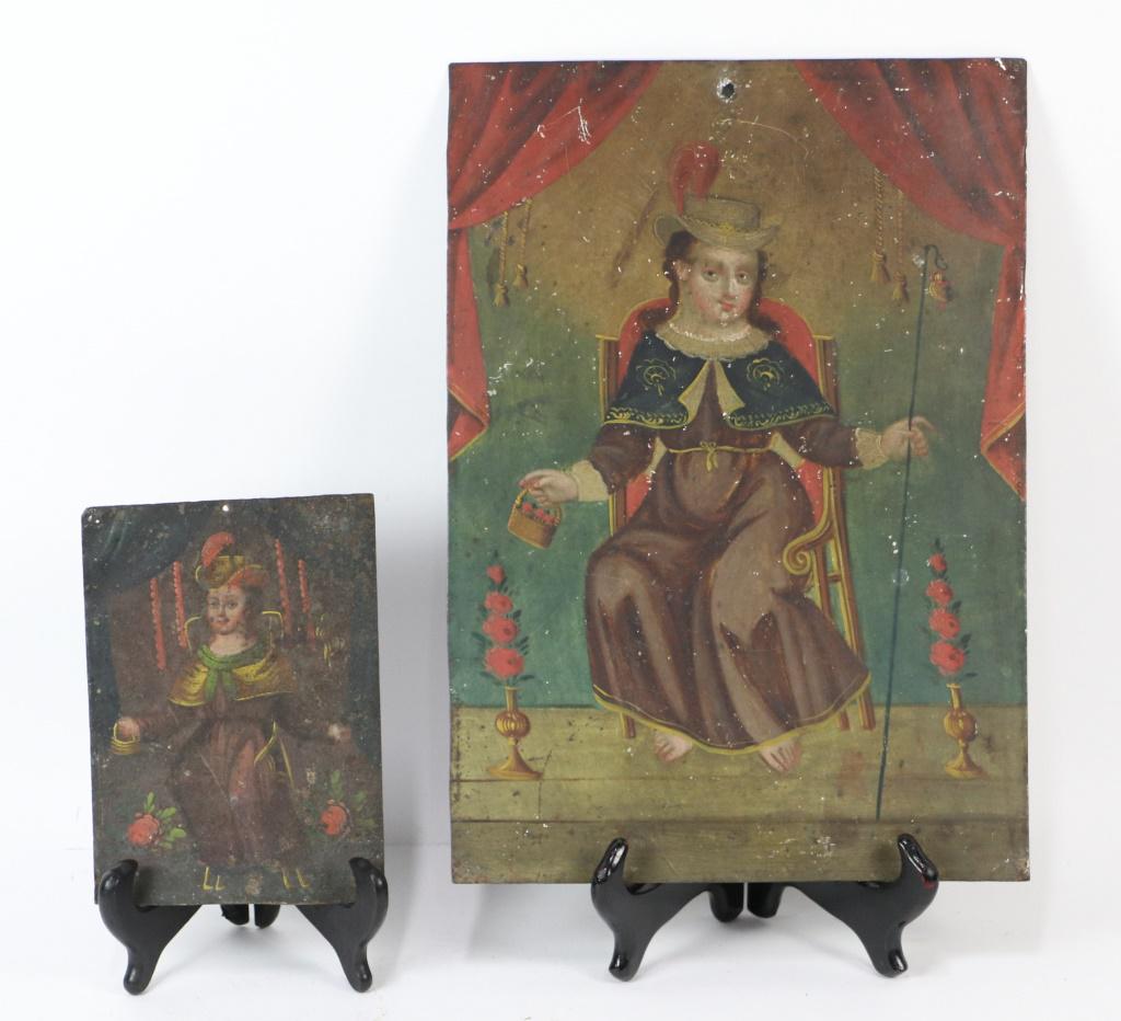LOT OF TWO MEX RETABLO PAINTINGS ON TIN Height: 14  in. (1 of 3)