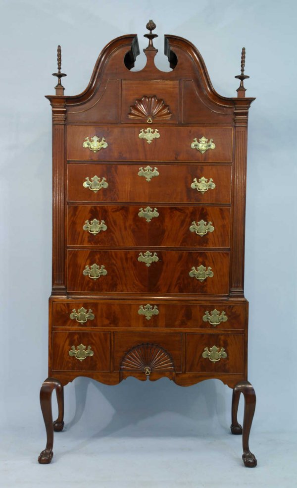 6 DRAWER HIGH BOY WITH BROKEN PEDIMENT TOP: 6 DRAWER HIGH BOY WITH BROKEN PEDIMENT TOP. BUILT JUNE 1945. HEIGHT: 92 IN. BY WIDTH: 42 IN. BY DEPTH: 19 in.