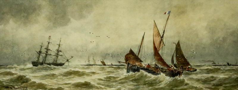 THOMAS BUSH HARDY "FRENCH FISHING BOAT OFF DEAL": THOMAS BUSH HARDY "FRENCH FISHING BOAT OFF DEAL" WATERCOLOR ON BOARD IN FRAME WITH FRENCH MAT. Height: 16 & 11 in. by Width: 33 & 28 in.