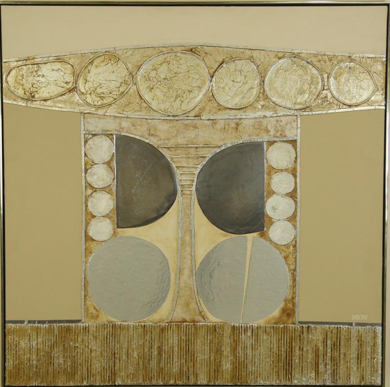 BRIONI ABSTRACT MIXED MEDIA ON CANVAS PAINTING: BRIONI ABSTRACT MIXED MEDIA ON CANVAS PAINTING. Height: 49 in. by Width: 49 in.
