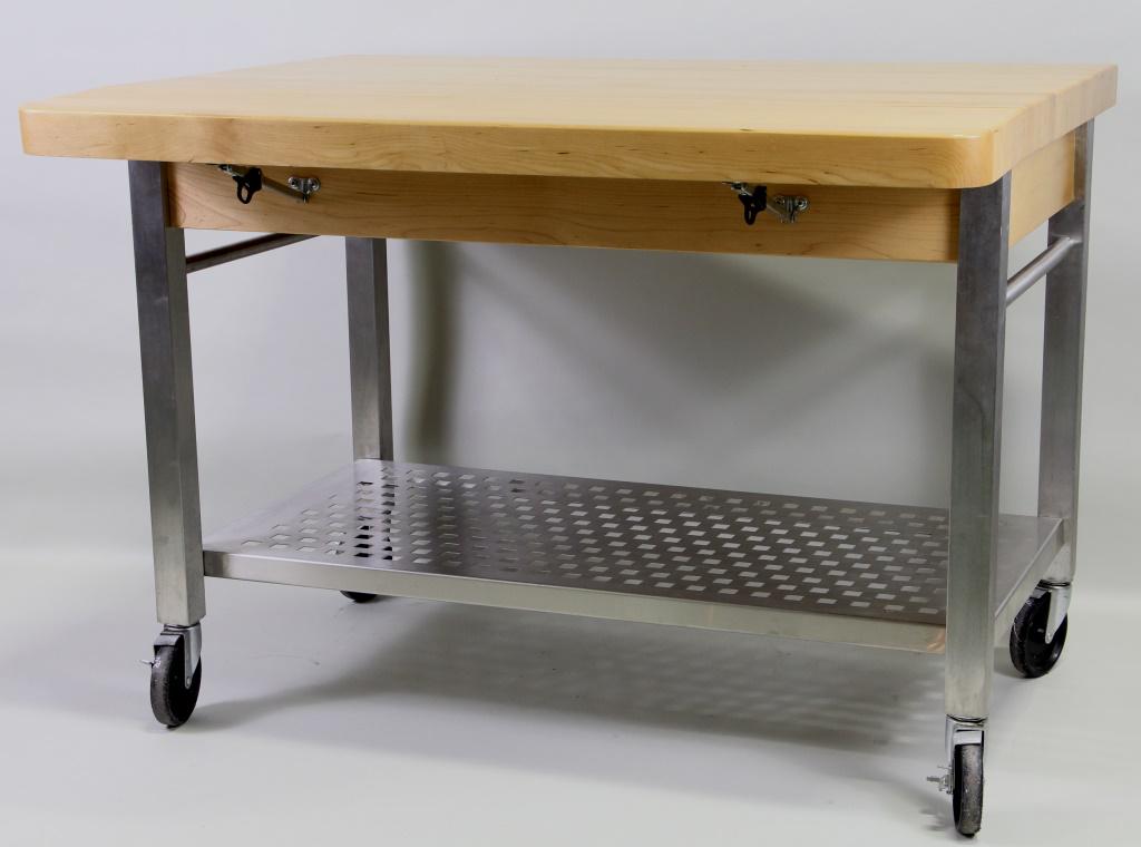 JOHN BOOS CUCINA GRANDE PREP STATION: JOHN BOOS CUCINA GRANDE PREP STATION WITH BUTCHER BLOCK TOP. Height: 35 in. by Width: 48 in. by Depth: 28 & 36 IN.