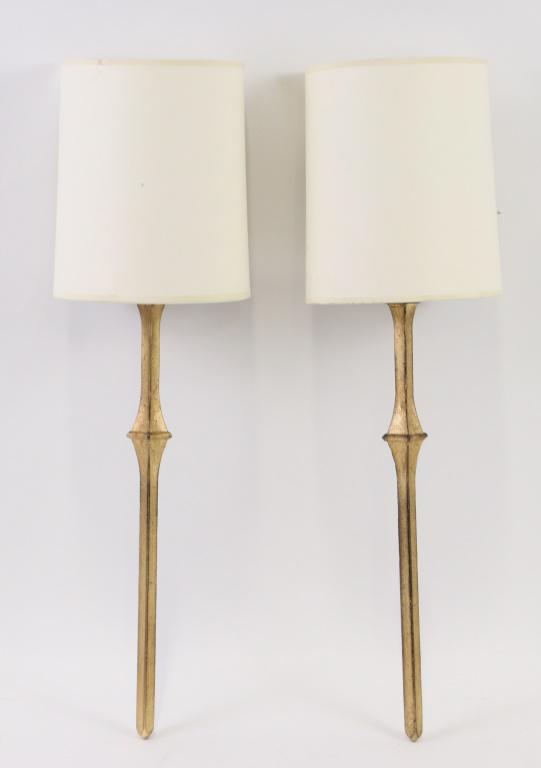 PAIR GILT METAL SCONCES: PAIR GILT METAL SCONCES IN THE STYLE OF GILBERT POILLERAT. Height: 19 in. by Width: 6 in. by Depth: 5 IN.
