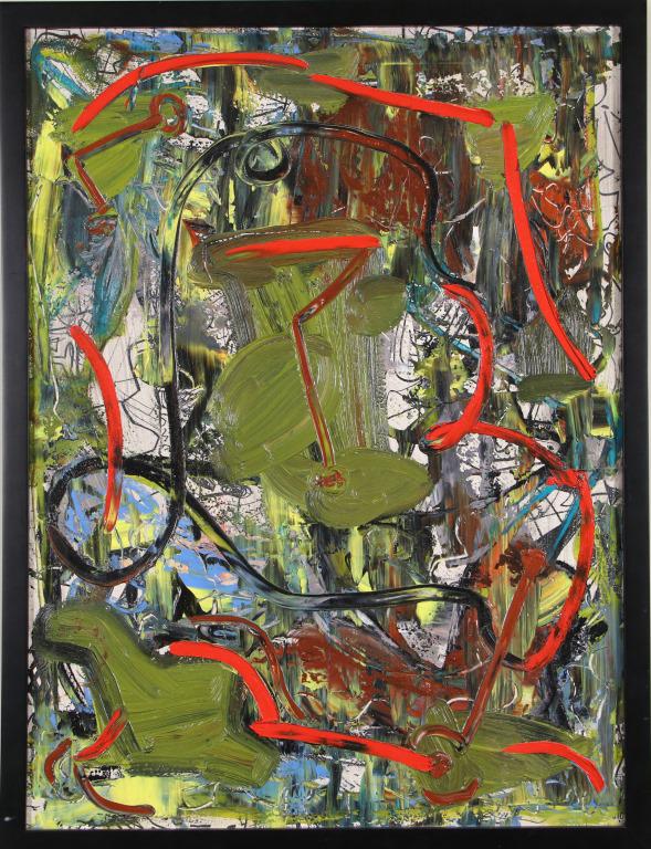 DICK WRAY ABSTRACT PAINTING ON CANVAS: DICK WRAY ABSTRACT ACRYLIC ON CANVAS PAINTING. SIGNEDON THE BACK OF THE CANVAS. Height: 25 & 23 in. by Width: 19 & 17 in.