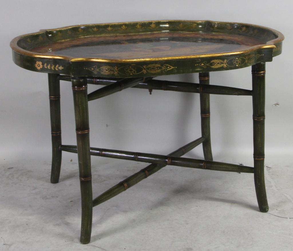 FAUX BAMBOO BASE PAINTED TRAY TOP COFFEE TABLE: FAUX BAMBOO BASE PAINTED TRAY TOP COFFEE TABLE. Height: 20 in. by Width: 32 1/2 in. by Depth: 25 in.