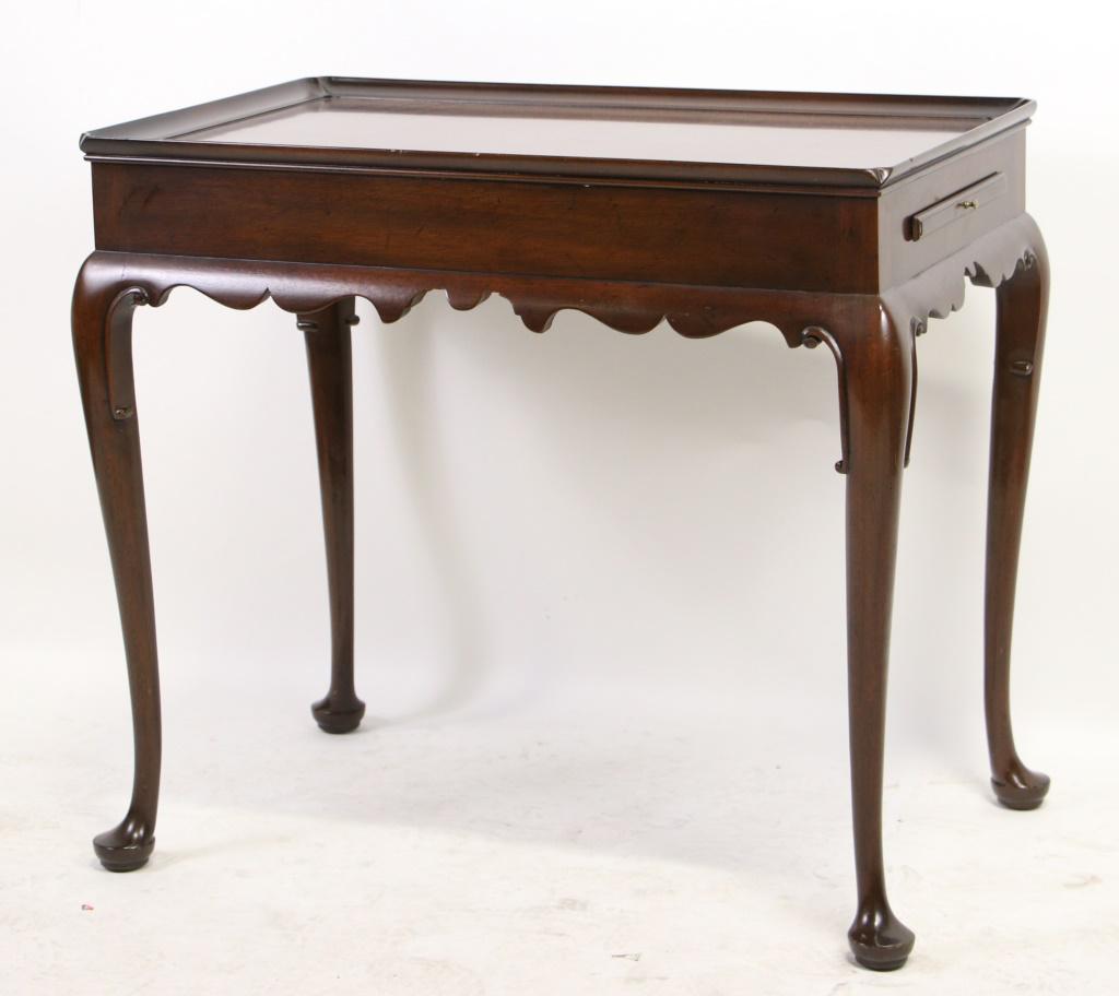KITTINGER WILLIAMSBURG COLLECTION MAHOGANY TEA TABLE: KITTINGER WILLIAMSBURG COLLECTION MAHOGANY TEA TABLE WITH TWO CANDLE SLIDES. Height: 26 in. by Width: 30 in. by Depth: 20 in.