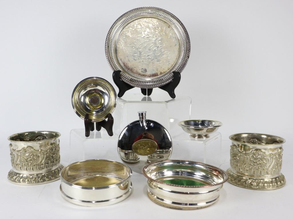 MIXED LOT OF STERLING SILVER & SILVERPLATED PIECES: MIXED LOT OF EIGHT STERLING SILVER & SILVERPLATED SERVING PIECES. THREE ARE STERLING SILVER: GEORGIAN WINE COASTERS, CARD TRAY. FROM THE FIRESTONE/RUNNELLS ESTATE. Height: 3 1/2 in. by Width: 5 in. by